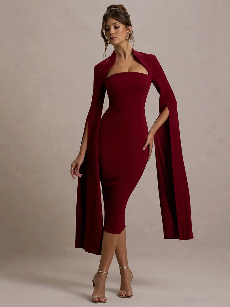 Cape Long Sleeve Midi Dress