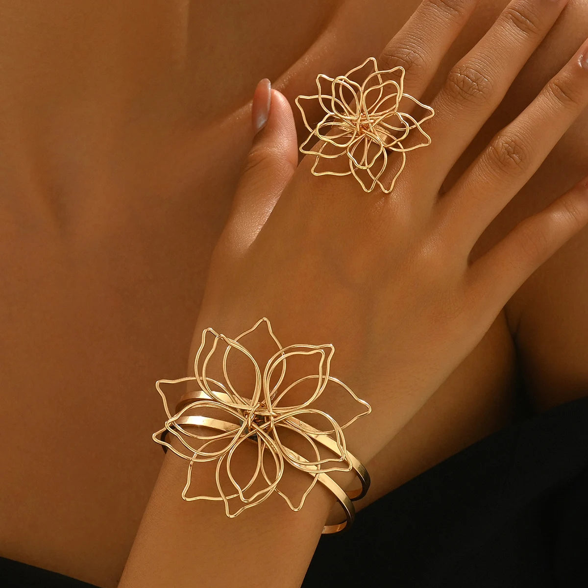 Gold Floral Duo Blossom Bracelet and Ring Set