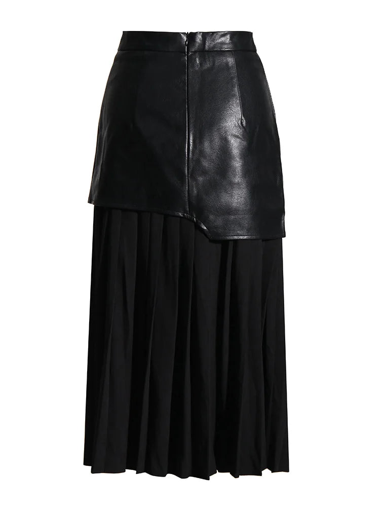 Patchwork Faux Leather Pleated Skirt