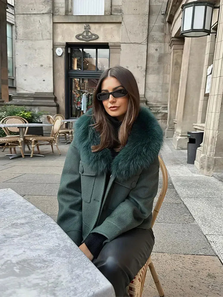 Retro Green Faux Fur Collar Women’s Jacket