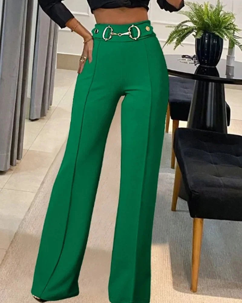 High-Waisted Metal Buckle Women's Straight-Leg Trousers