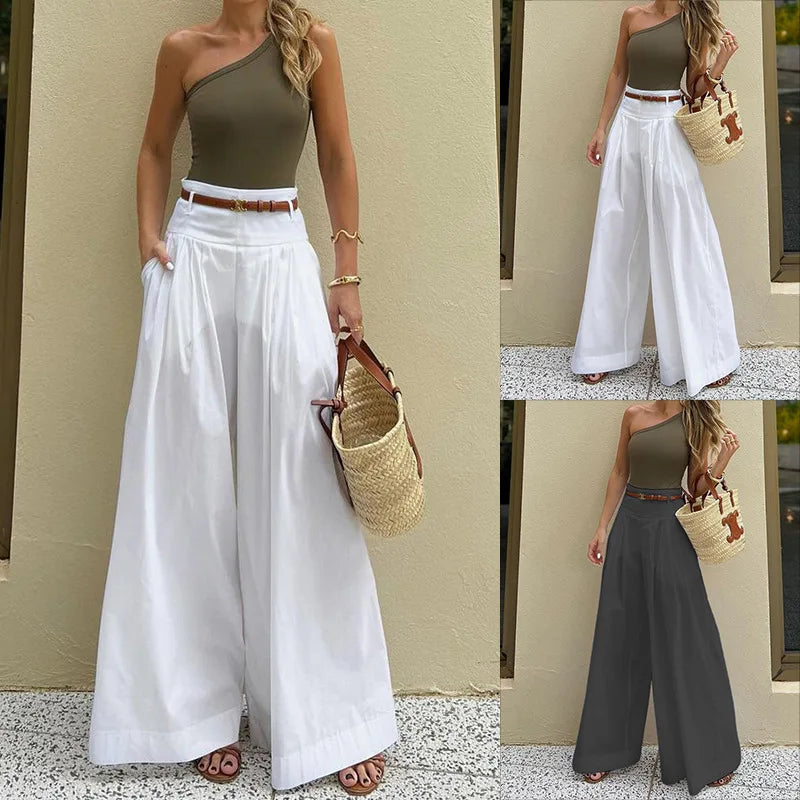 Women's Solid Pleated Casual Wide Leg Pants