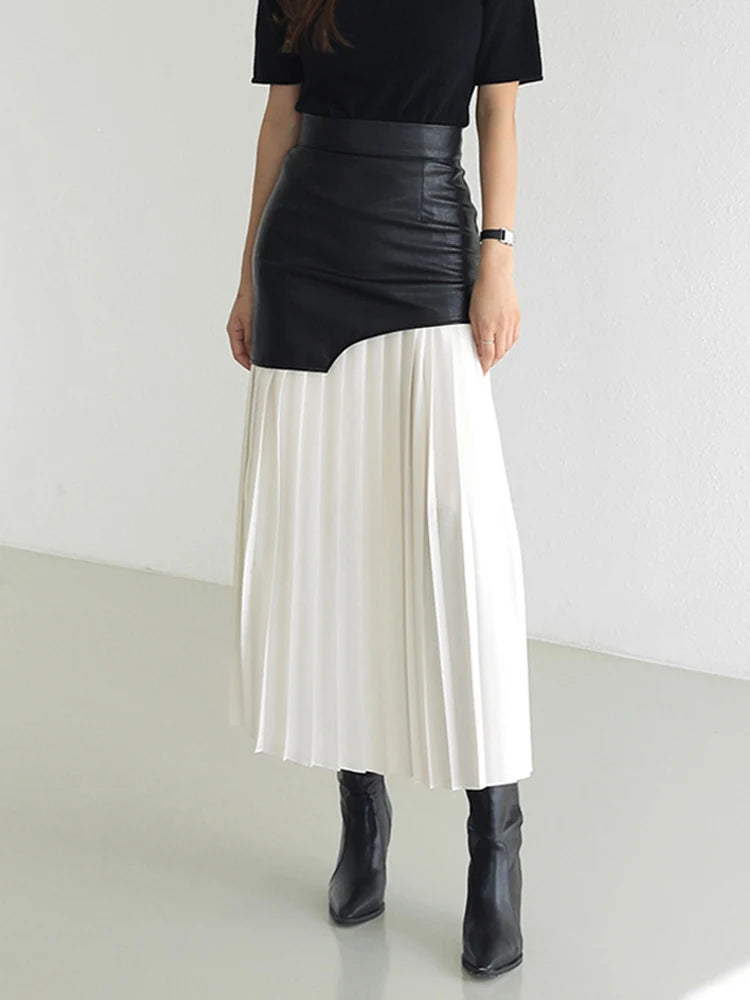 Patchwork Faux Leather Pleated Skirt