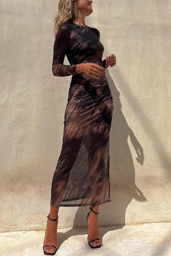 Tie Dye Printed Mesh Long Dress