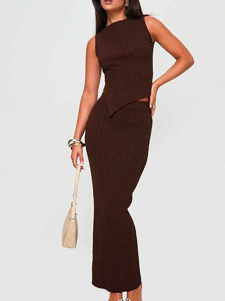 Brown Knitted Two Piece  Dress Set