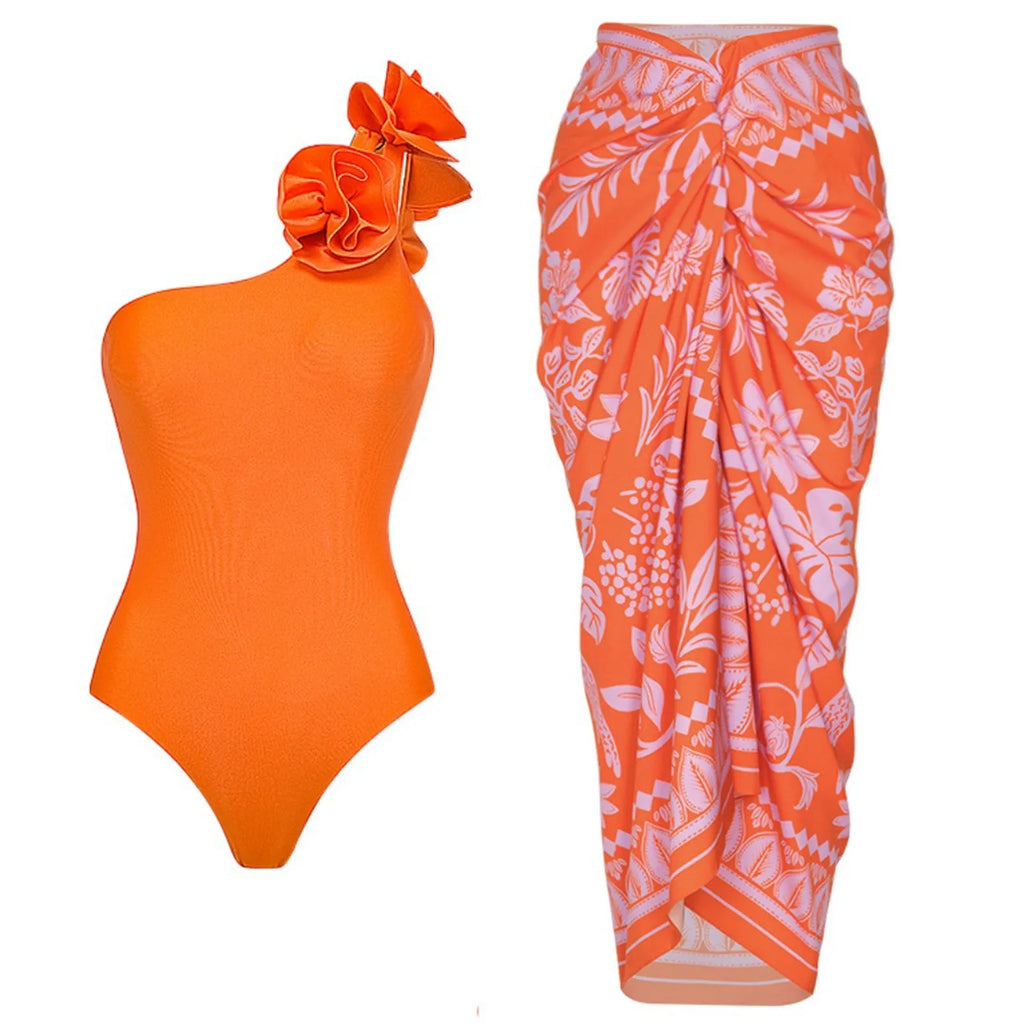 Women One Shoulder Swimsuit With Printed Cover Up Dress