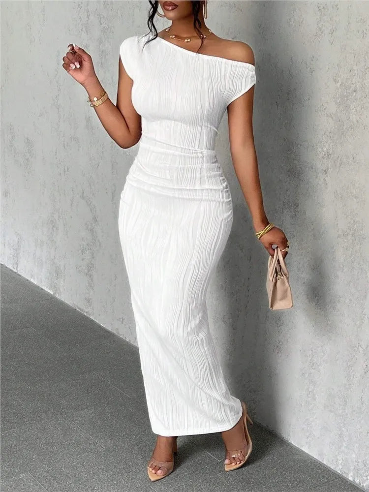 Slanted Shoulder Dress Solid  A-line Collar Mid-Waist Dress