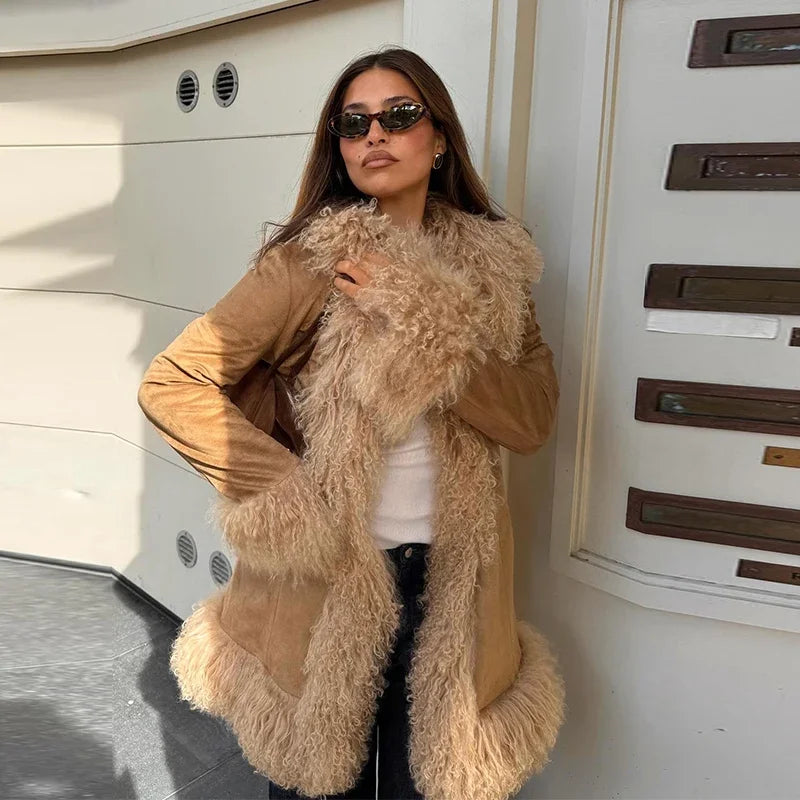 Elegant Faux Fur Patchwork Woolen Coat