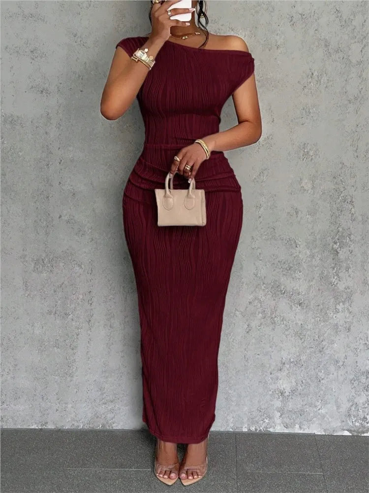 Slanted Shoulder Dress Solid  A-line Collar Mid-Waist Dress
