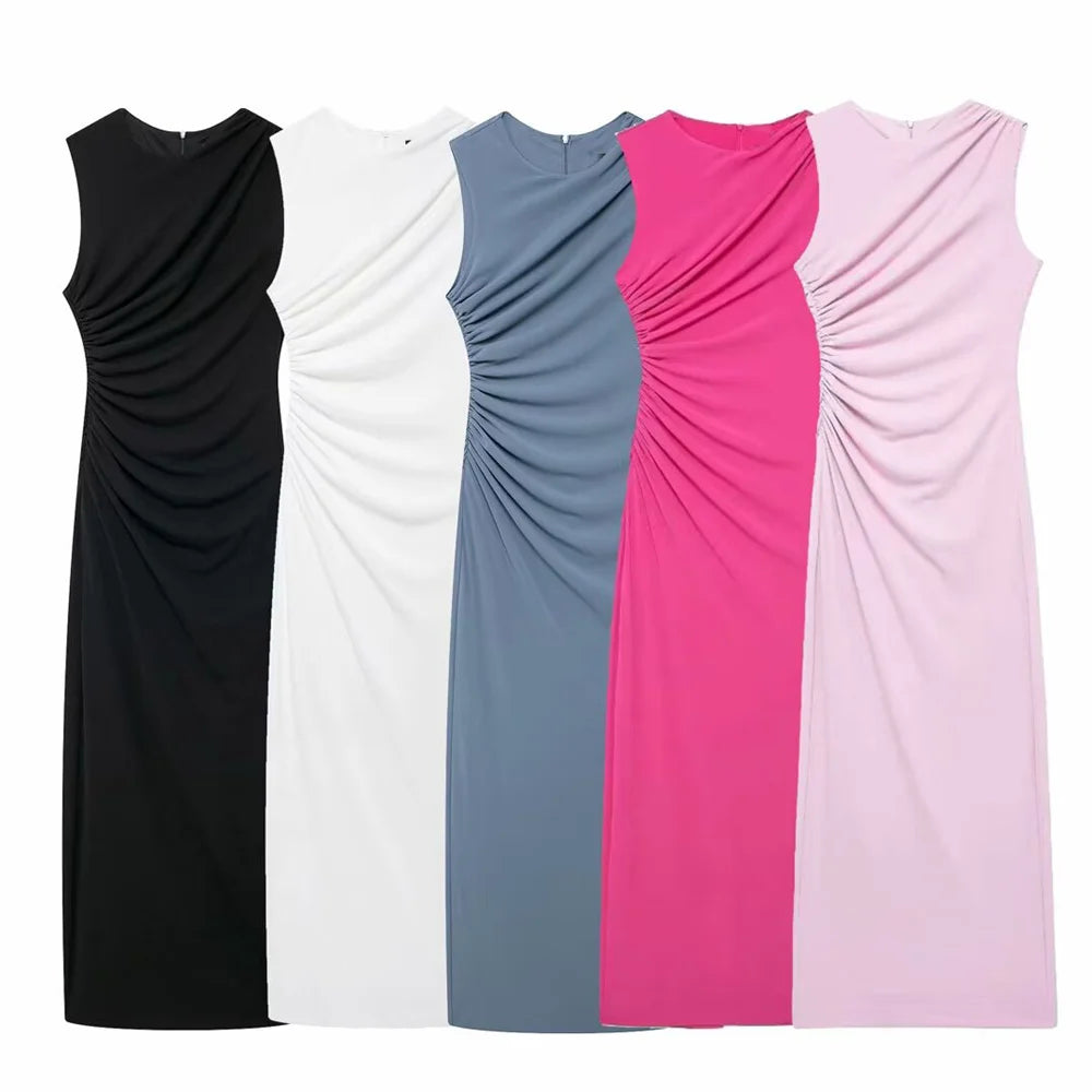 Round Neck Sleeveless Pleated Midi Dress