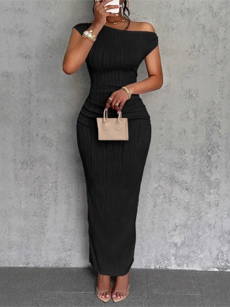 Slanted Shoulder Dress Solid  A-line Collar Mid-Waist Dress