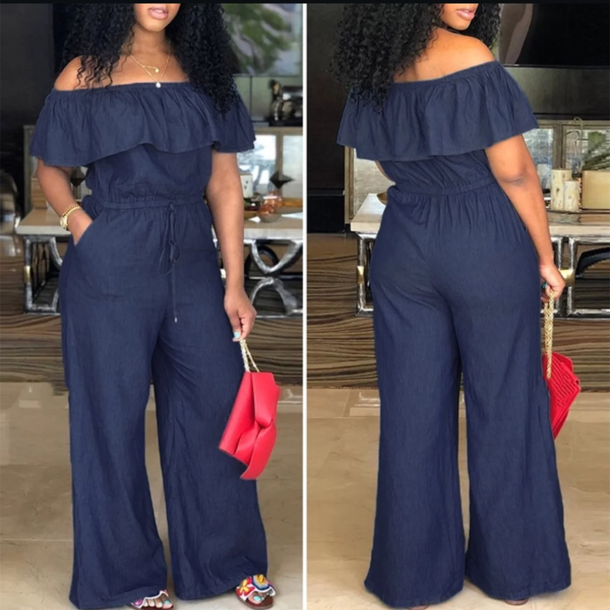Denim Wide Leg Jumpsuit with Ruffles