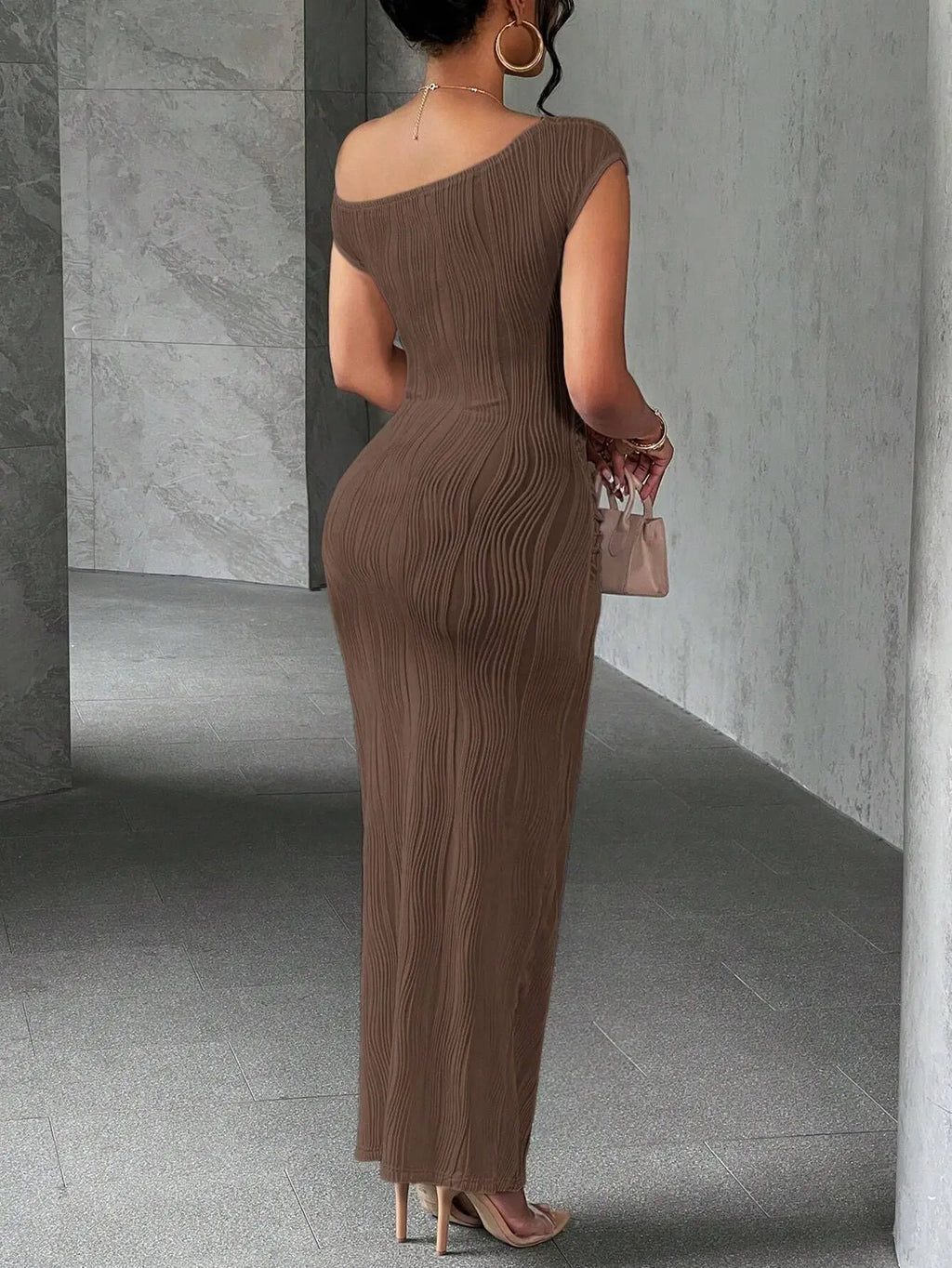 Slanted Shoulder Dress Solid  A-line Collar Mid-Waist Dress