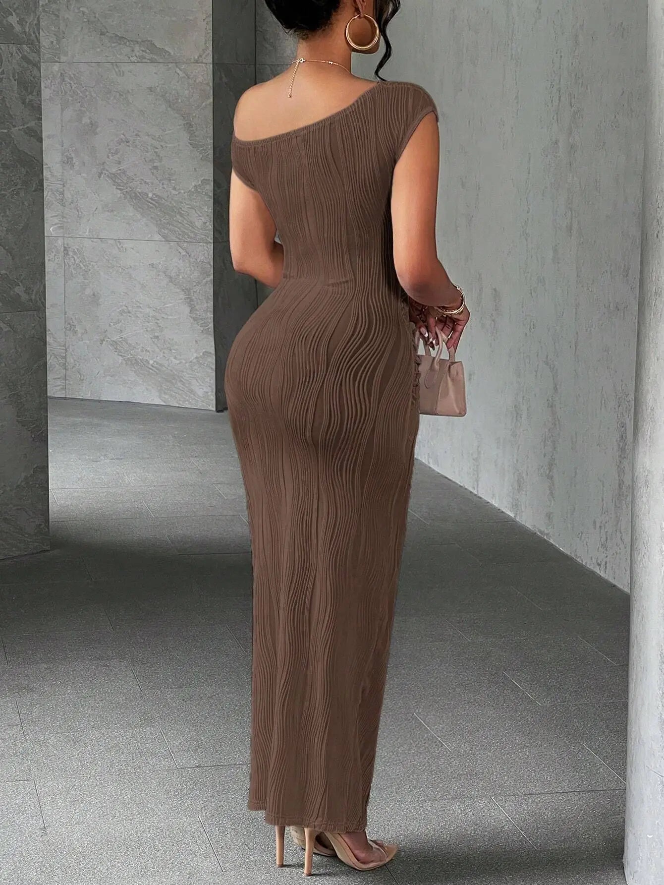 Slanted Shoulder Dress Solid  A-line Collar Mid-Waist Dress