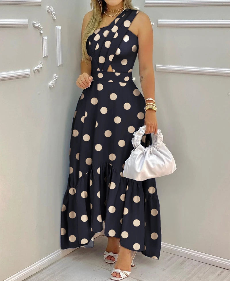 Polka Dot Print Cross Waisted Hollowed Out Long Dress