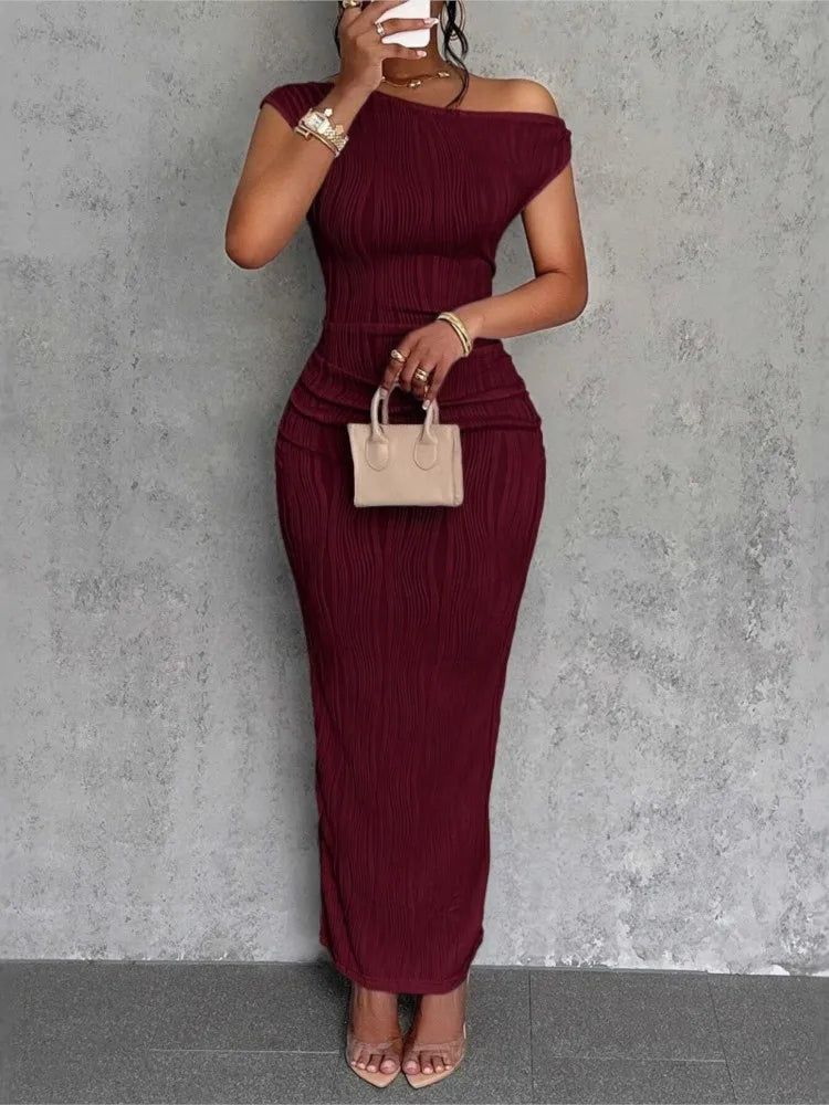 Slanted Shoulder Dress Solid  A-line Collar Mid-Waist Dress