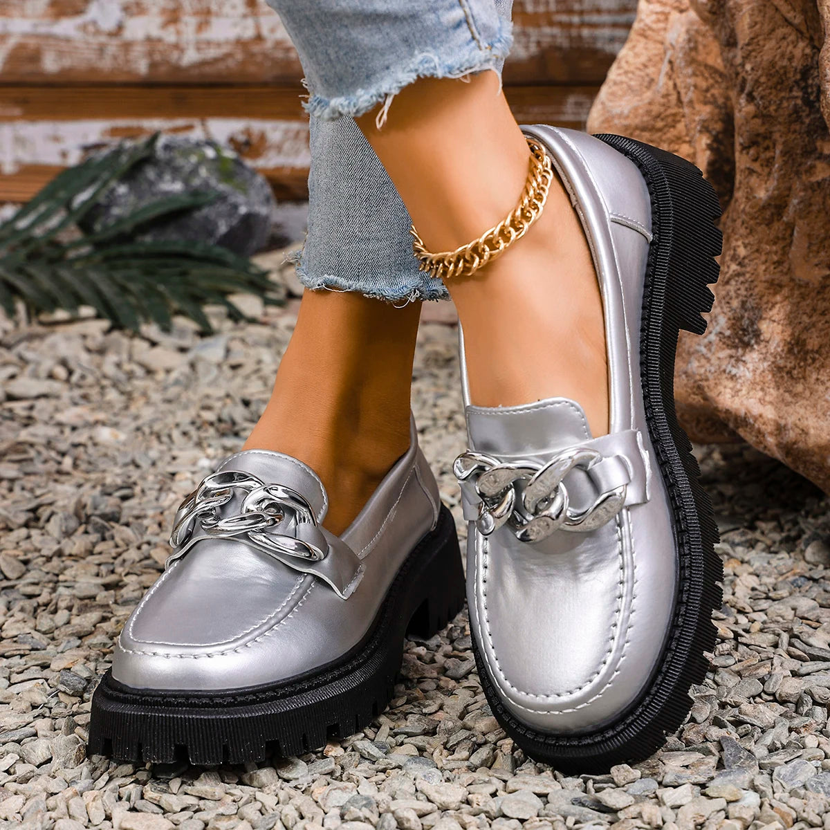 Chain Decor Silver Loafers