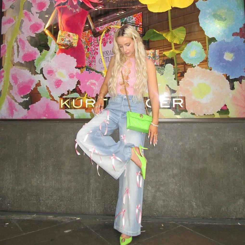 Women Pink Ribbon Wide Leg Denim