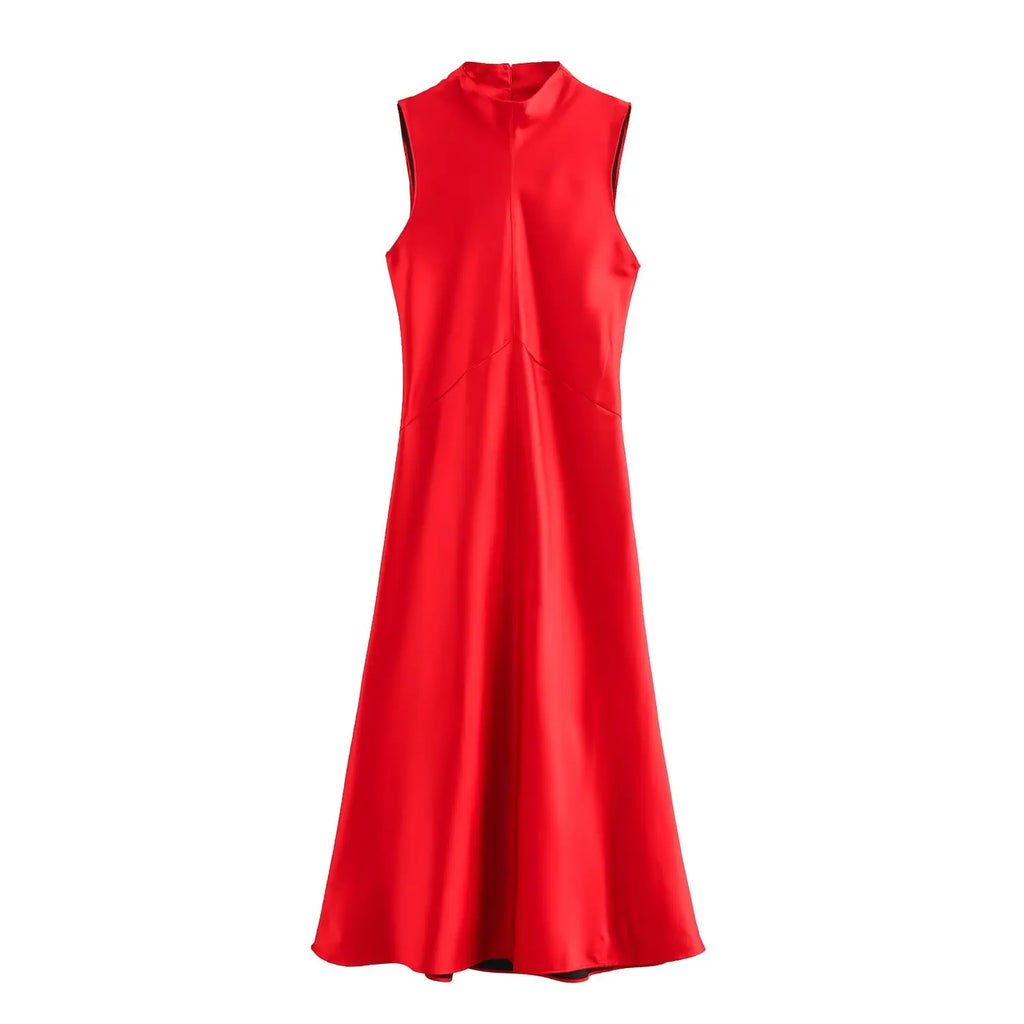 Versatile Red Crew Neck Satin Dress