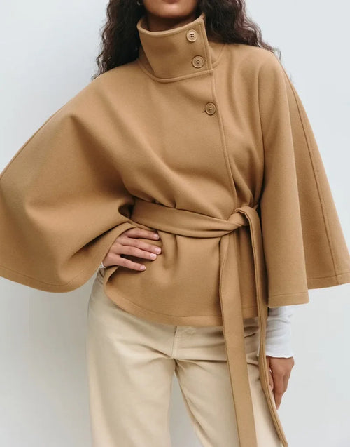 Belted Khaki Cape Stand Collar Coat