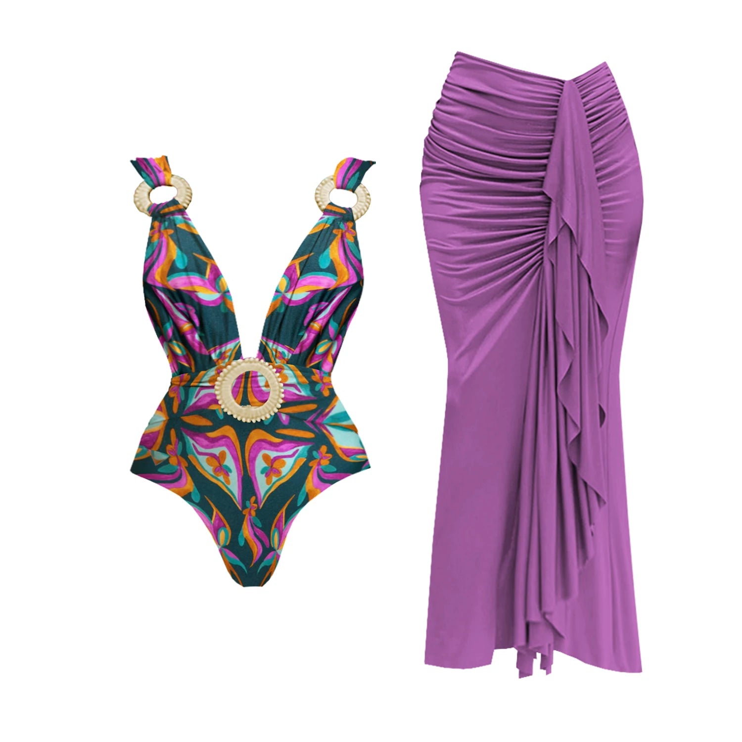 2Piece Deep V Swimsuit With Long Skirt