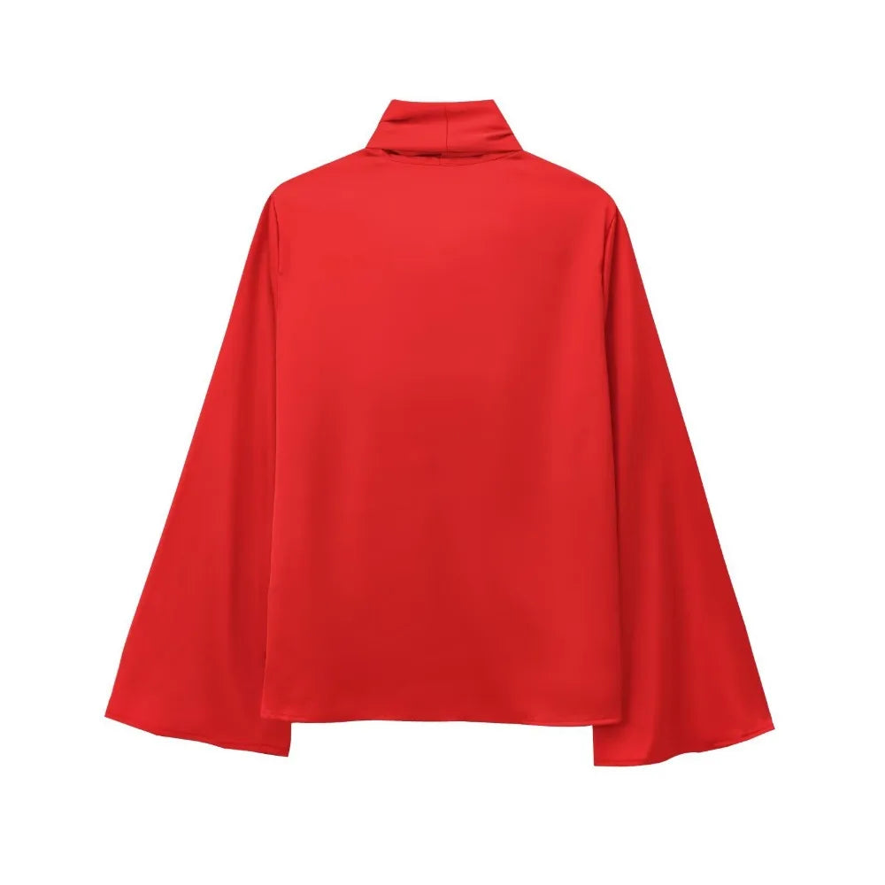 Red  Bow Tie Turn-Down Collar Blouse