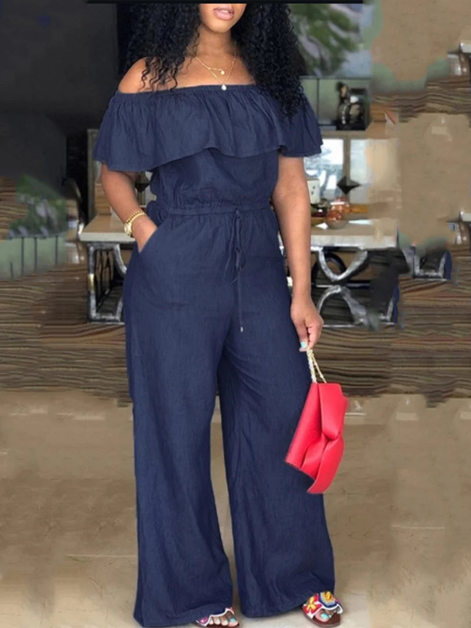 Denim Wide Leg Jumpsuit with Ruffles