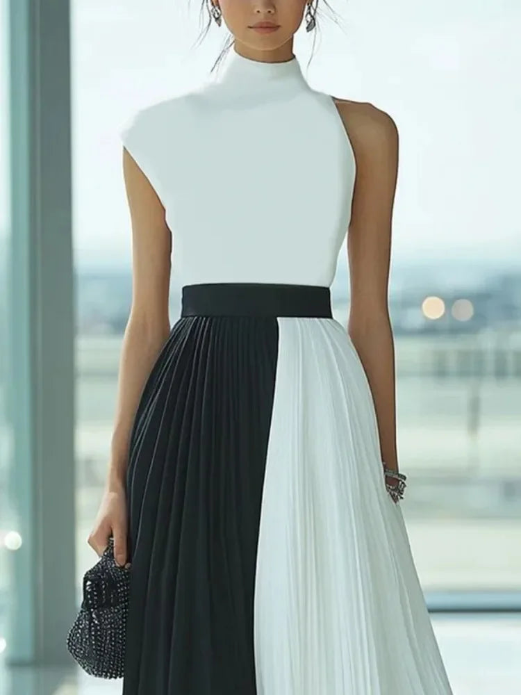 Women High Neck Sleeveless Pleated Maxi Dress