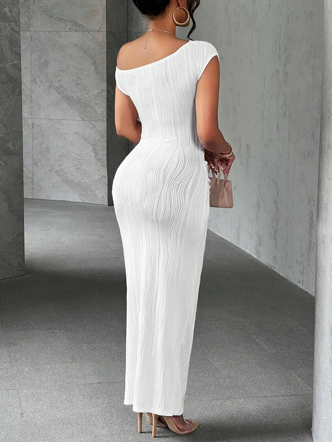Slanted Shoulder Dress Solid  A-line Collar Mid-Waist Dress