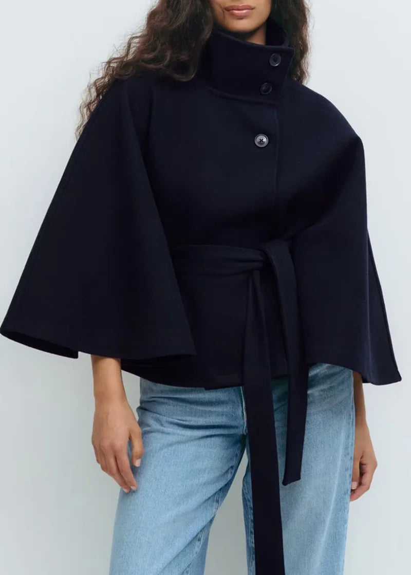 Blue Cape Stand Collar  Belted Coat