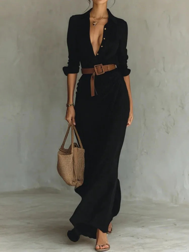 Solid Color Belted Shirt Dress