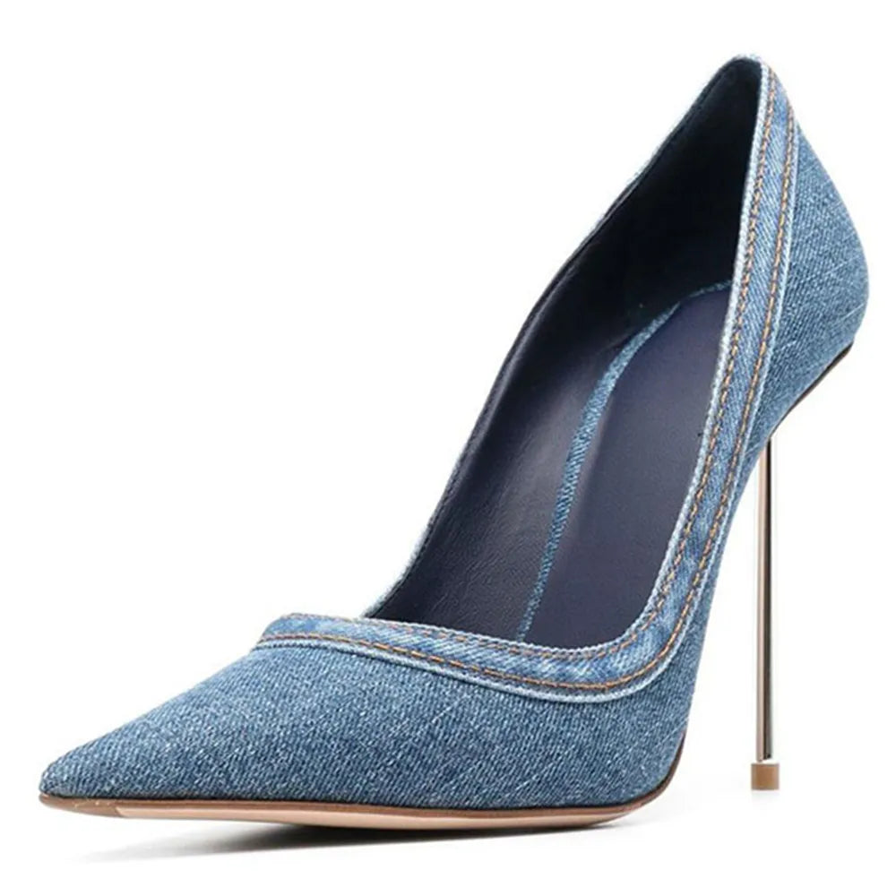 Pointed Toe High Heel Denim Pumps