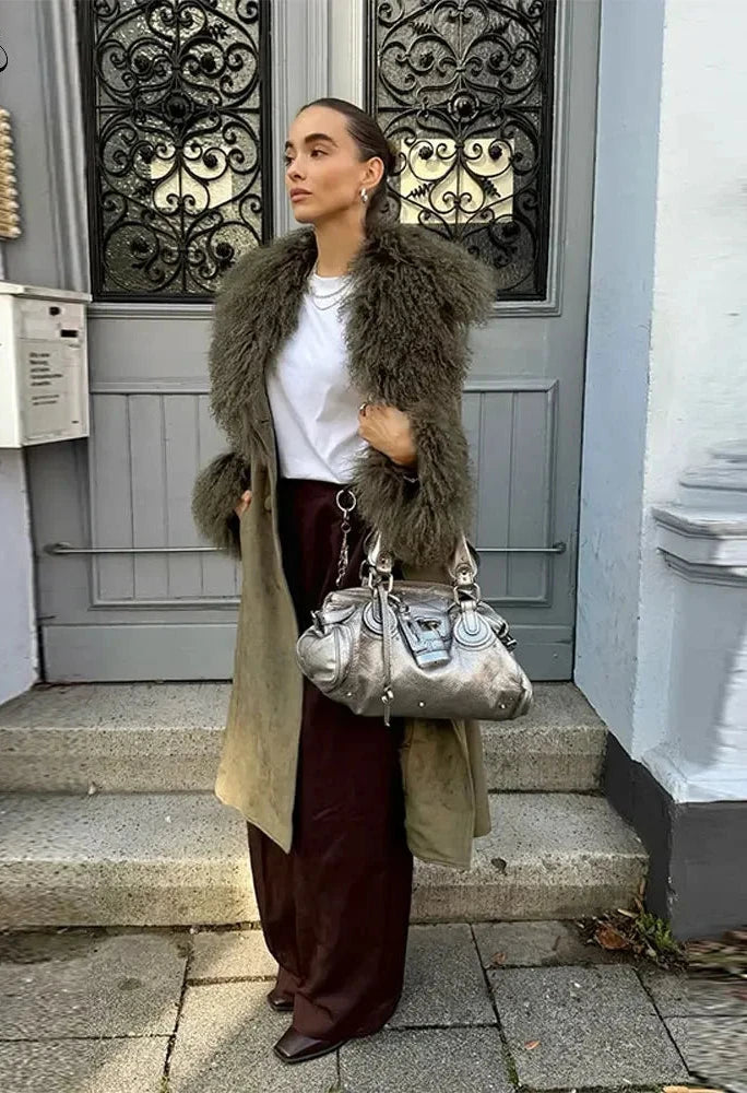 Elegant Faux Fur Patchwork Woolen Coat