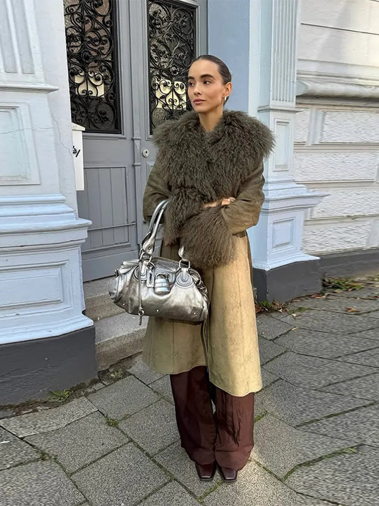 Elegant Faux Fur Patchwork Woolen Coat