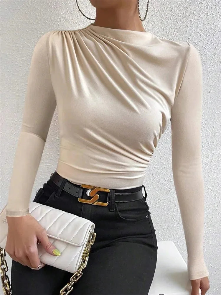 Casual Pleated Mock Neck Shirt