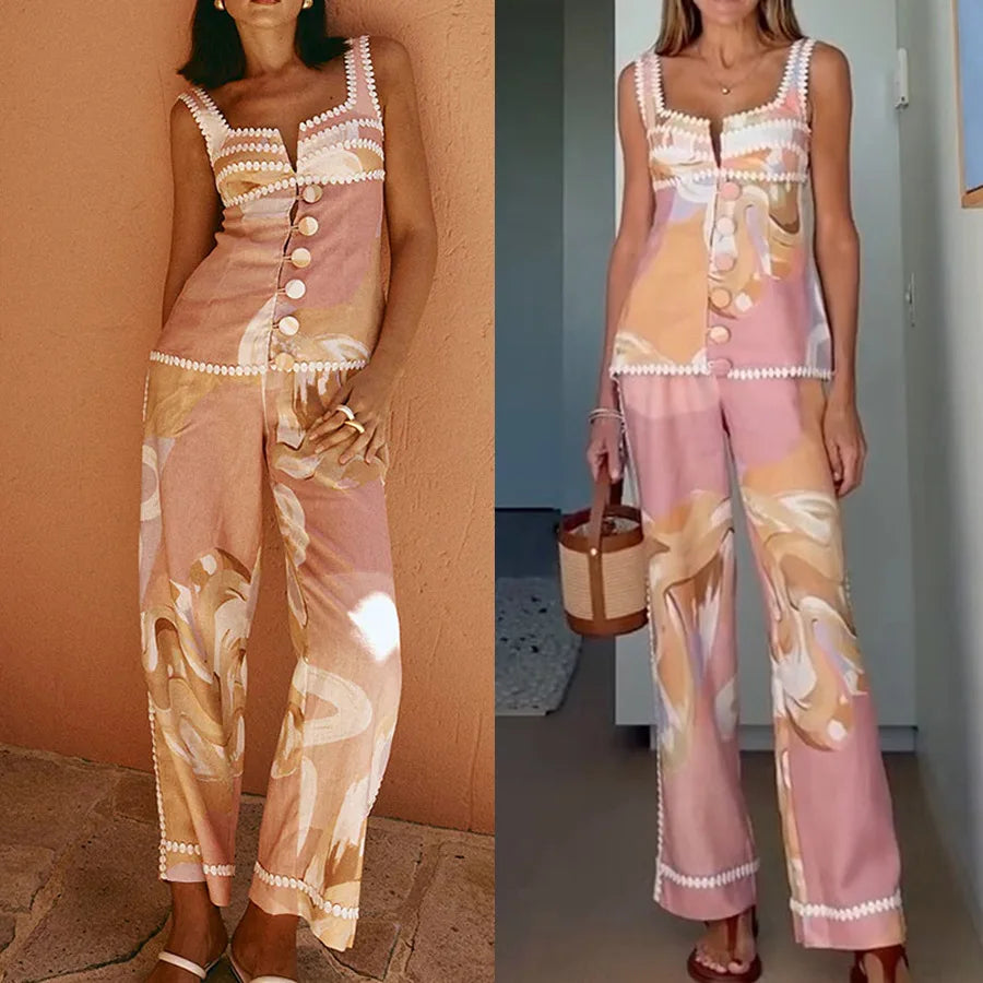 Women Sleeveless Button Tank Top Vest & Trousers Set Fashion Casual