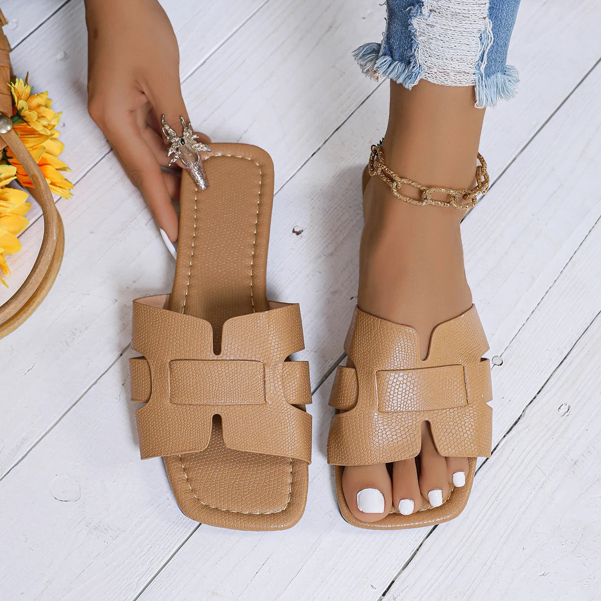 Black Leather Women's Slides