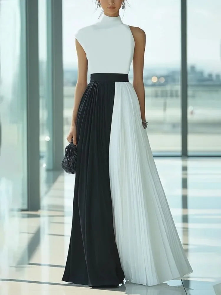 Women High Neck Sleeveless Pleated Maxi Dress