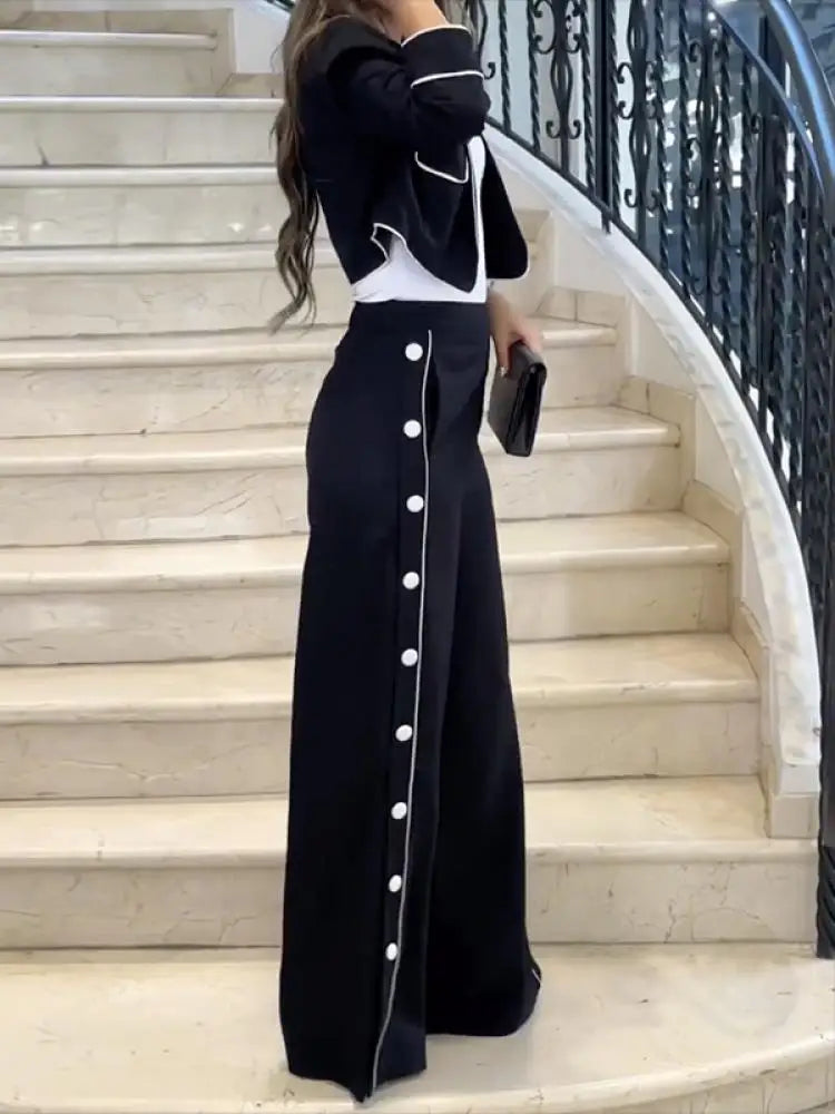 Casual High Waist Buttoned Pants Set