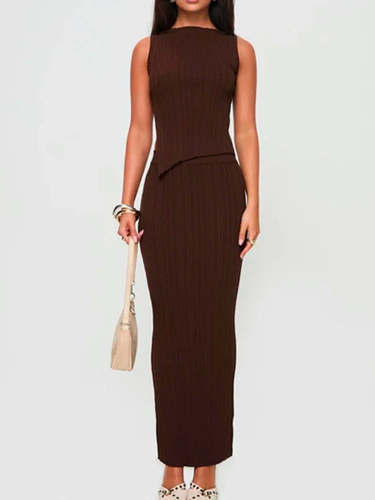 Brown Knitted Two Piece  Dress Set