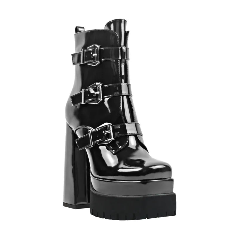 Square Toe Double Platform Patent Leather Boots