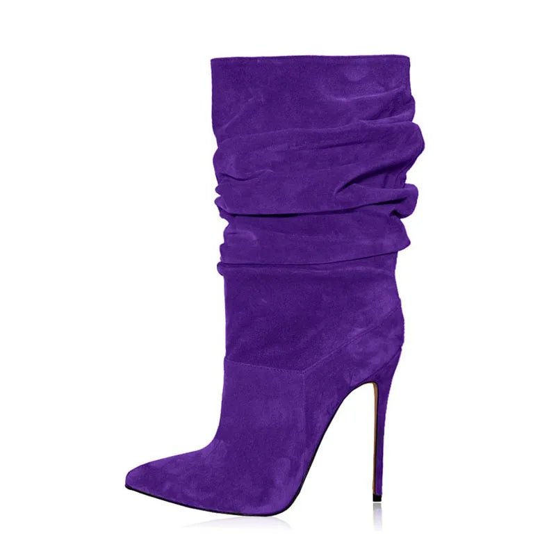 Suede Pointed Toe Mid Calf Boots