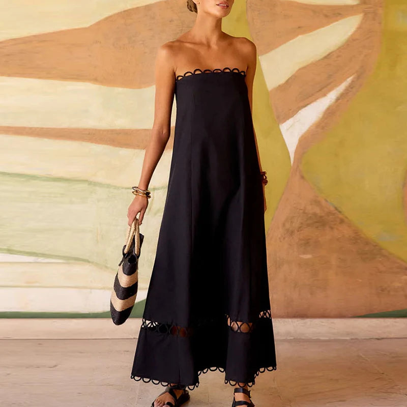 Pleated Hollow Strapless High Waist Evening Dress